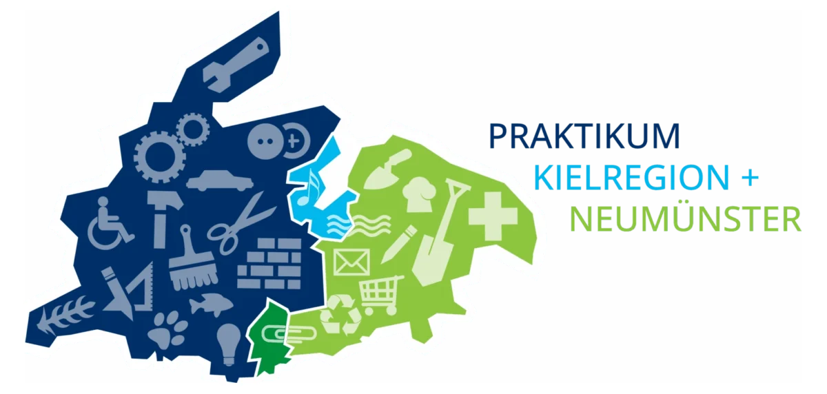 Karte der Praktikumsregion KielRegion und Neumünster mit farblich hervorgehobenen Kreisen und Städten in Schleswig-Holstein.